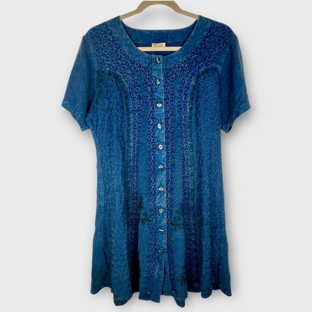 Vintage Magic Rayon Button Front Dress Blue Embroidered Boho Free Size